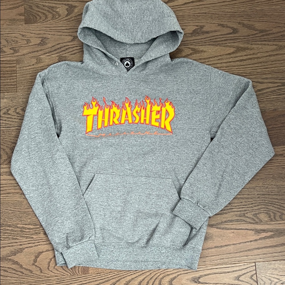 Boys Thrasher Gray Hoodie with Flame Logo